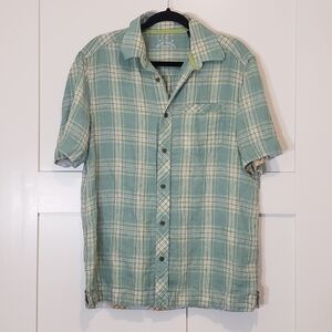 Tommy Bahama Linen 100% Shirt Plaid Button Up Short Sleeve Size Medium Green